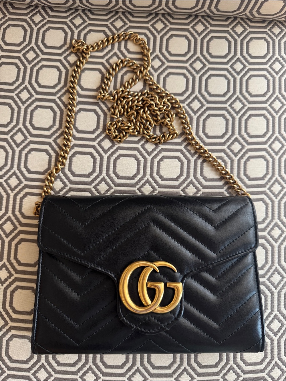 Gucci Black Calfskin Matelasse GG Marmont Chain Wallet Black